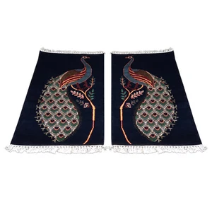 Set Of 2 Hand Knotted Luxury Art Silk Peacock Blue Rug Small For Home Decor - Picture 1 of 8
