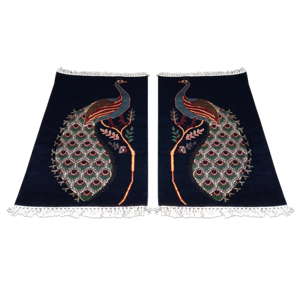 Set Of 2 Hand Knotted Luxury Art Silk Peacock Blue Rug Small For Home Decor - Image 1 of 1