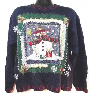 Moda Suéter Bug Mujer Grande Feo Navidad Azul Bordado Algodón Muñeco de Nieve - Imagen 1 de 9