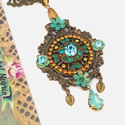 Michal Negrin Necklace Ice Blue Roses Statement Pendant With Swarovski Crystals - Image 1 of 4