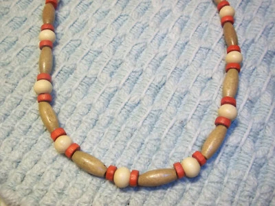 19 inch Red, Light and Tan Unisex Wood Bead NECKLACE w/ Lobster Clasp D-85 - Image 1 of 3