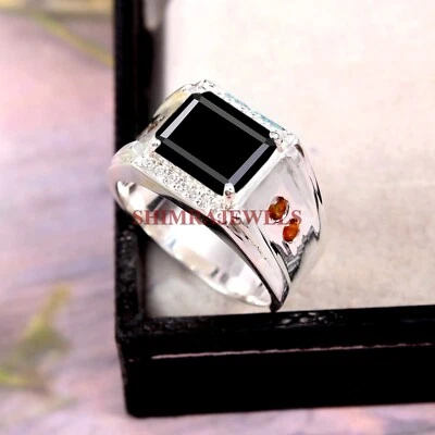 Naturschwarz Onyx Edelstein Mit 18K Weiß Vergoldet Silber Herren Ring #184 - Bild 1 von 4