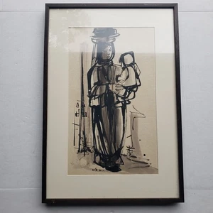 Ruth Schloss israelische Künstlerin 1922-2013 Mutter Frau & Kind gerahmte Tusche auf Papier - Bild 1 von 6