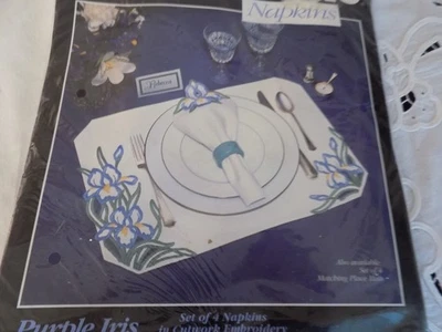 Dimensions Napkins Purple Iris Set of 4 Cutwork Embroidery Never Opened - Image 1 of 4