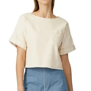 Line + Dot ROI Denim Raw Hem Cuffed Short Sleeve Womens Crop Top Boxy Small - Picture 1 of 5