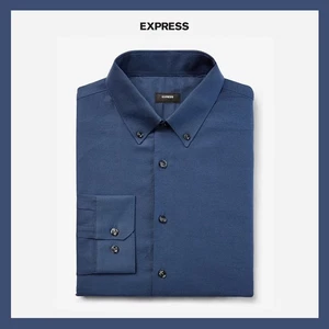 Nuova con etichette - Camicia elegante Express slim tinta unita elasticizzata pinpoint Oxford 1MX blu taglia XL $68 - Foto 1 di 6