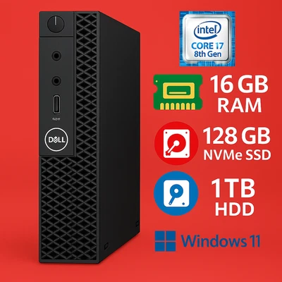 Dell Optiplex MFF Core i7 8th Gen - 16GB RAM 128GB NVMe+1TB HDD Windows 11 Pro - Image 1 of 4