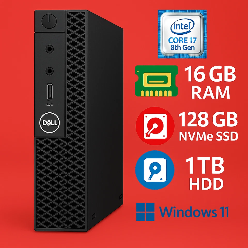 Dell Optiplex MFF Core i7 8th Gen - 16GB RAM 128GB NVMe+1TB HDD Windows 11 Pro - Image 1 of 4
