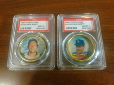 Lot of 2 - 1987 Topps Coins #5 George Brett PSA 9, 1989 TCoin #34 G. Brett PSA 8