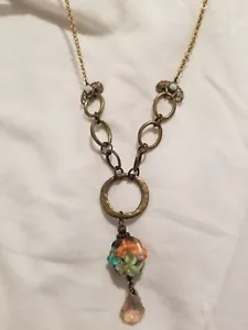 Handmade bronze metal chain statement necklace with glass bead and rhinestone. - Picture 1 of 5