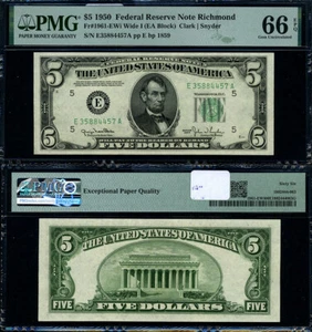 FR. 1961 EWi $5 1950 Federal Reserve Note Richmond E-A Block Gem PMG CU66 EPQ - Picture 1 of 3