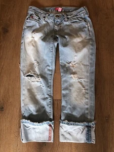 Abercrombie Kids Girls Ankle Length Jeans With Holes Pink Stiching Used 00 - Picture 1 of 6