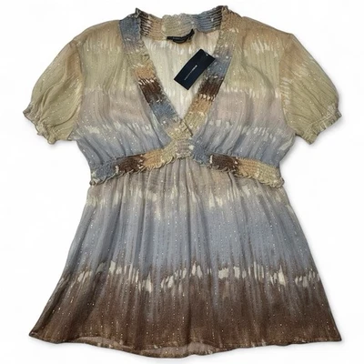 Blusa BCBG Seda Transparente Cuello en V Ombre Metálica Mujer Lg, Crema, Azul, Marrón, Dorado Foto 1 de 4