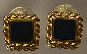 Vintage ANNE KLEIN Matte Gold Tone Rope Black Enamel Pierced Earrings - Picture 1 of 8