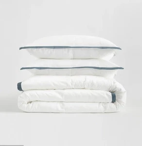 NWT! Quince 100% Organic Percale Cotton Border Duvet Cover & 2 Shams! Twin (436) - Picture 1 of 14