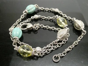 Judith Ripka Sterling 925 Turquoise & Lemon Quartz Station Chain Necklace 18" - Picture 1 of 8