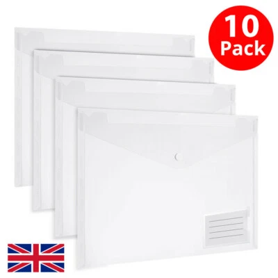 AVARTEK 10 Clear A4 POPPER WALLETS Plastic Document Folders ENVELOPE Stud ID HOLDER File