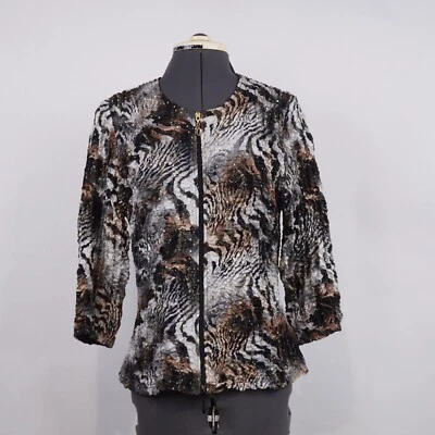 Joseph Ribkoff Jacket 2 Way Zip sz 12 Sequins Crinkled Animal Print Satin 80's - Image 1 of 4