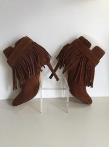 Women's June Ambrose Brown Leather Fringe Ankle Boots Size 8M #0187 - Picture 1 of 12