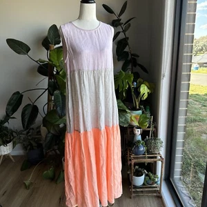 ALESSANDRA Dress Size S 100% Linen Smock A Line Tiered Pastel Lilac Grey Coral - Picture 1 of 20
