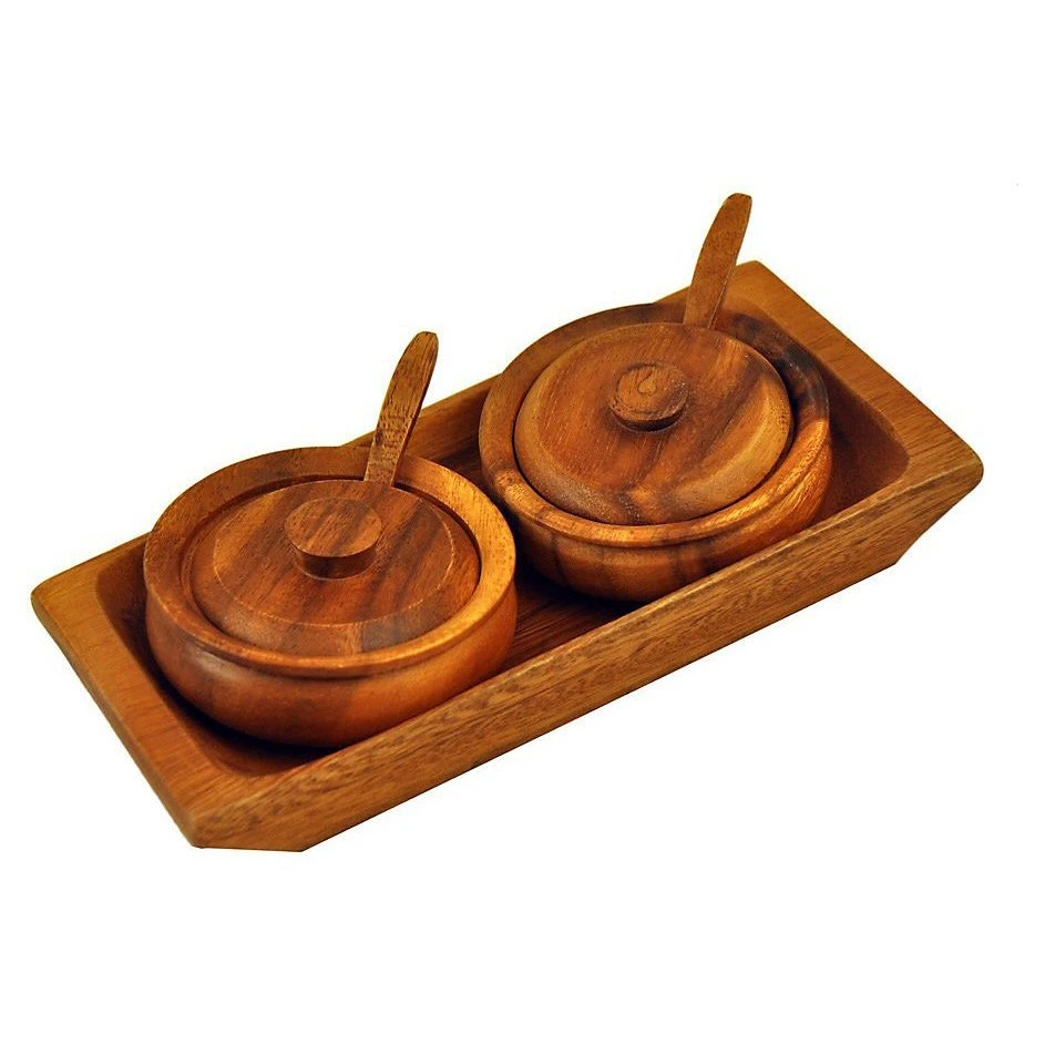 Bandeja de condimentos de madera de acacia Pacific Merchants de 5 piezas con 2 cuencos, tapas y cucharas Foto 1 de 1