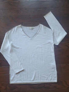 White+Warren Womens S Cotton Lightweight V-Neck Knit Sweater Pullover White Tan - Picture 1 of 10