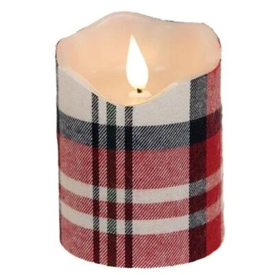 NEW Americana PILLAR CANDLE Plaid Cover Red White Blue Motion Faux Flame 3"x4" - Image 1 of 2