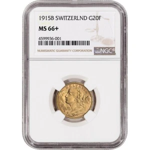 1915B Switzerland Gold 20 Francs KM-31 NGC MS-66+ - Picture 1 of 4