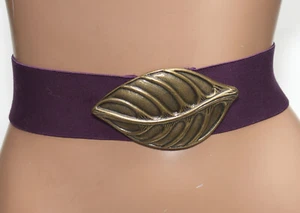 Wide Purple Stretch Fashion Belt- Cool Brass Leaf Buckle SIZE XS/S - 28-34 Long - Picture 1 of 8