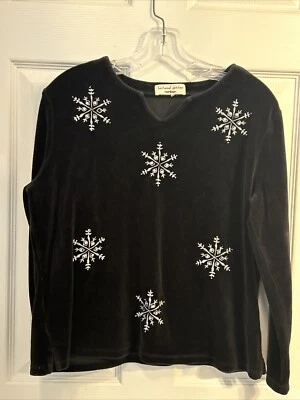 Pullover de terciopelo manga larga bordado copo de nieve negro liso Bechamel para mujer M Foto 1 de 4