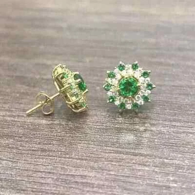 Round Cut Lab Created 14K Yellow Gold Plated Emerald Diamond Halo Stud Earrings - Image 1 of 4