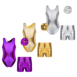 Kids Girls Sports Suit Swimwear Leotard With Shorts Hair Band Gymnastics Cutout - Picture 1 of 37