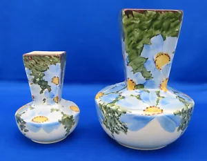 Graduated Pair Vintage MYOTT Art Deco Square Neck Posy Vase 8988 Blue Flowers - Picture 1 of 6