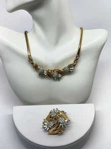 Vtg Crown Trifari Radiance demi parure Necklace brooch Thistle two tone signed - Picture 1 of 11