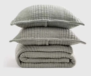 Quince King/Cali King Green Organic Cotton Channel Stitch Coverlet Set - Picture 1 of 7