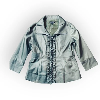 Chaqueta/chaqueta Samuel Dong verde con volantes y cremallera frontal para mujer calce ajustado talla pequeña Foto 1 de 4