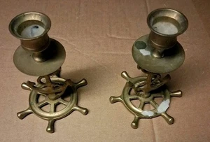 1 Paar Vintage Maritim Motiv Messing Schiffe Anker Rad Kerzenhalter  - Bild 1 von 3