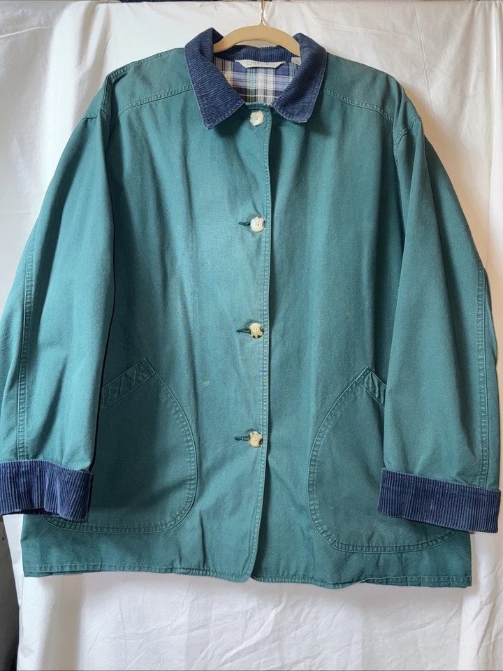 Cherokee Flannel Lined Barn Chore Coat Green XL Navy Corduroy Collar Vtg Good - Image 1 of 4