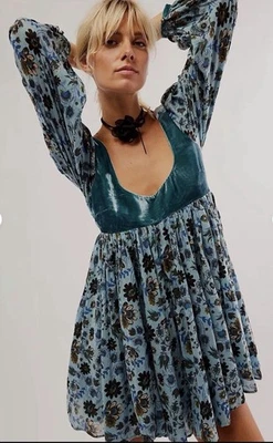 Mini Vestido Free People Marsha Pequeño Azul Terciopelo Cintura Imperio Floral Nuevo sin Etiquetas Hada Foto 1 de 4