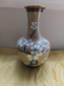 Chinese Cloisonne Vase, Cherry Blossoms Swallow, Multicolor on Yellow Clouds 10" - Picture 1 of 6