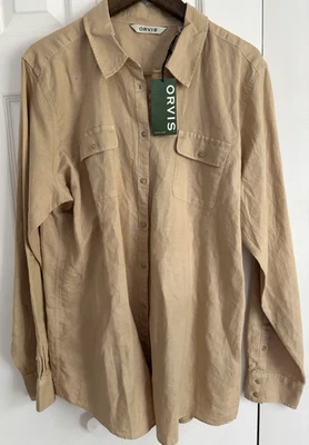 Новая женская желтовато-коричневая рубашка Orvis из льняной смеси на пуговицах универсальная сафари размер XL очень большой - Изображение 1 из 4