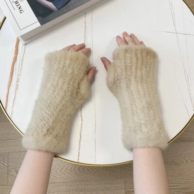 20cm/8" Women's Real Mink Fur Gloves Fingerless Knitted Wrist Mittens Sleeves - Image 1 of 4