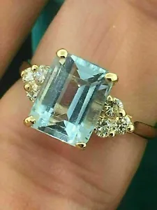 3Ct Emerald Cut Lab-Created Aquamarine Engagement Ring 14K Yellow Gold Finish - Picture 1 of 9
