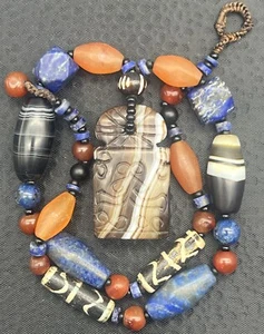 Antique Mix Stone Beads Necklace,banded Agate Lapis Pumtec Asia Old Fashion - Picture 1 of 8