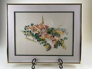 Italienische Landschaftskunst gerahmter Stift / Aquarell Zeichnung Original Bergdorf - Bild 1 von 6
