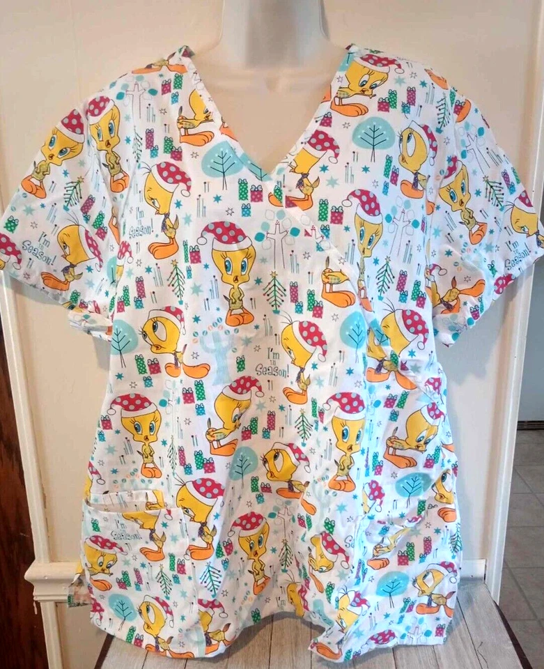 Looney Tunes Tweety Christmas White Scrub Top Womens 3X/3XG  - Image 1 of 2