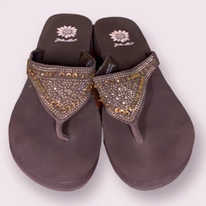 Yellow box Brown And Gold Jewel Wedge Post Sandals size 8.5 - Picture 1 of 6