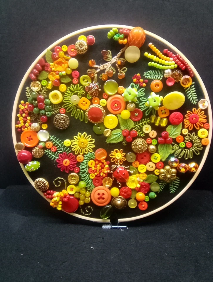 10"Embroidery Hoop Frame With Floral Design Red Orange Wall Decor Handmade #1 - Image 1 of 4