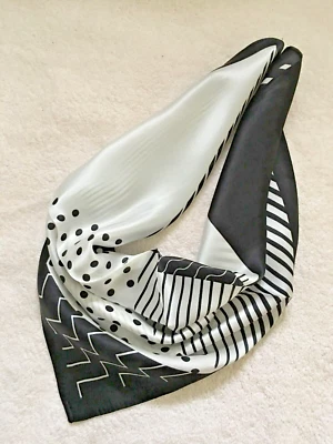 21”x21"Black/white Dot/line Print Pure Mulberry Satin Silk 12momme Scarf 53x53cm - Image 1 of 4