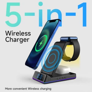 Chargeur rapide sans fil 5 en 1 station d'accueil pour iWatch iPhone Air Pods Pro avec alarme - Photo 1 sur 13